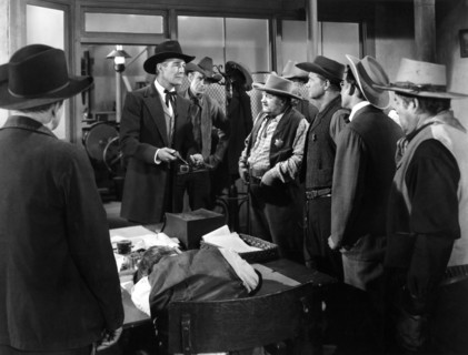 Randolph Scott, Chubby Johnson, Jack Montgomery, Walter Sande, on-set of the western film, "Fort