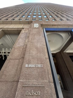 Nielsen Media Research headquarters, low angle view of building exterior, 85 Broad Street, New York