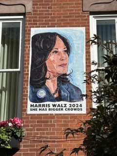 Close-up of Harris Walz 2024 campaign poster on residential building, Greenwich Village, New York