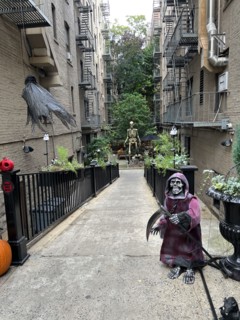 Halloween decorations between two residential buildings, Greenwich Village, New York City, New