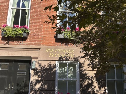 Roevember Is Coming' sign stenciled on residential building exterior, Greenwich Village, New York