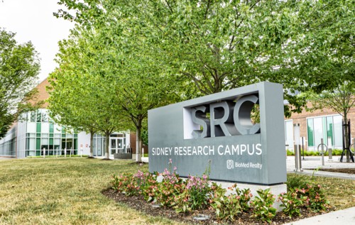 Sidney Research Campus, Biomed Realty, building exterior and company sign, Cambridge,