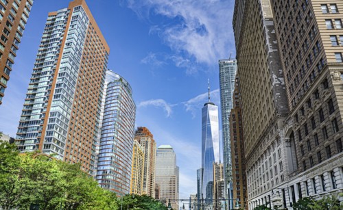 West Street looking north toward One World Trade Center (right), New York City, New York, USA