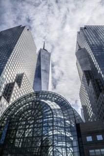 Low angle view of Brookfield Place and One World Trade Center, building exterior, New York City,