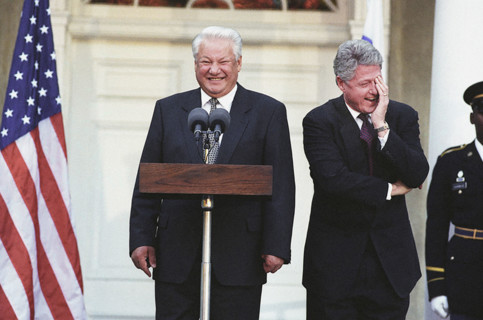 U.S. President Bill Clinton with President Boris Yeltsin of Russia during press conference,