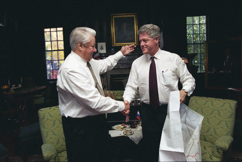 U.S. President Bill Clinton greeting President Boris Yeltsin of Russia at Franklin D. Roosevelt