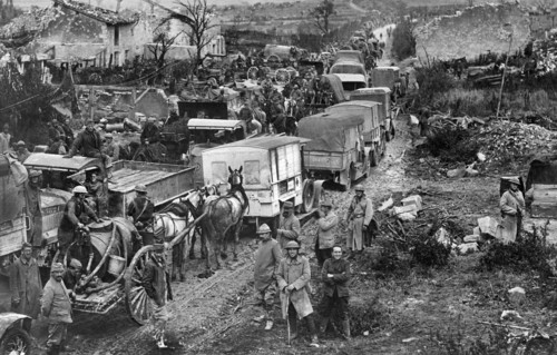 Typical scene of traffic congestion causing great delays on roads behind the American lines, Esnes,