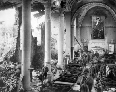 Temporary shelter in church ruins for American wounded being treated by 110th Sanitary Train, 4th