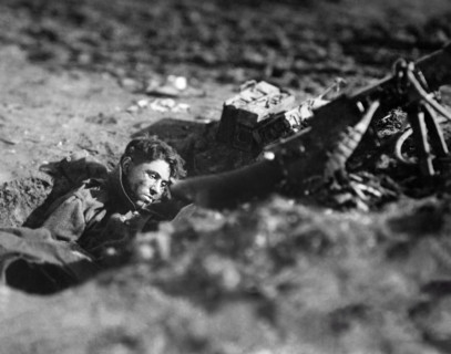 German machine-gun nest and dead gunner, Villers-Devant-Dun, France