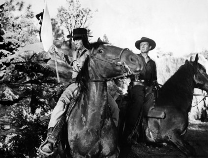 Macdonald Carey, Wendell Corey, on-set of the western film, "The Great Missouri Raid", Paramount