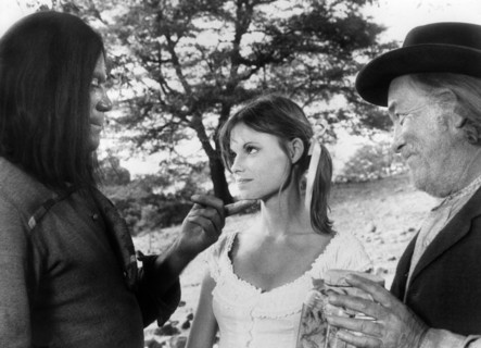 Oliver Reed, Kay Lenz, Strother Martin, on-set of the western film, "The Great Scout And Cathouse