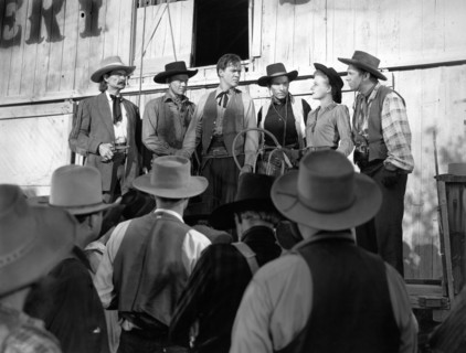 Jack Tornek, Kirby Grant, Dan White, Louise Curry, Fuzzy Knight, on-set of the western film, "Gun