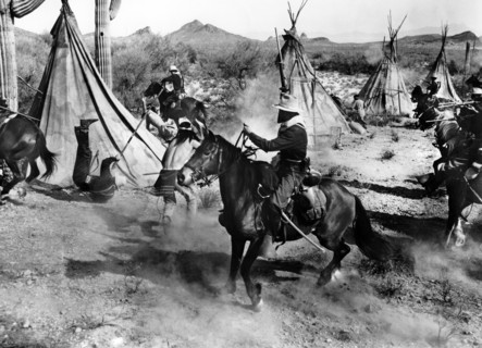 U.S. Cavalry attacking Apache village, on-set of the western film, "The Guns Of Fort Petticoat",