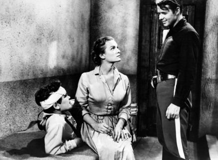 Kim Charney, Patricia Tiernan, Audie Murphy, on-set of the western film, "The Guns Of Fort