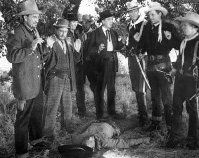 James Ellison (2nd right), on-set of the western film, "I Killed Geronimo", Eagle-Lion Films, 1950