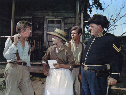 George Peppard, Carroll Baker, Claude Johnson, Andy Devine, on-set of the western film, "How The
