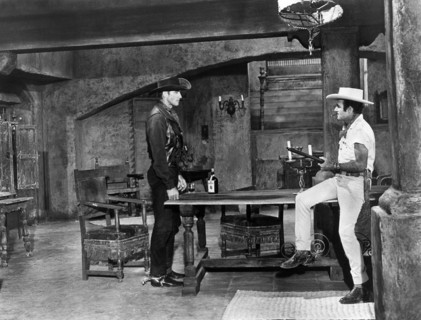 Jock Mahoney, Gilbert Roland, on-set of the western film, "The Last Of The Fast Guns", Universal