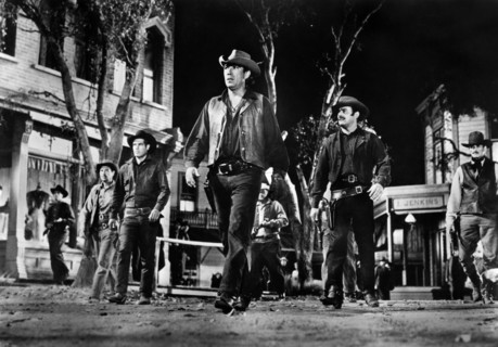Anthony Quinn, Brad Dexter, on-set of the western film, "Last Train From Gun Hill", Paramount
