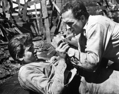 Michael Landon (left), Jack Hogan, on-set of the western film, "The Legend Of Tom Dooley", Columbia