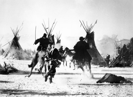 7th U.S. Cavalry attacking the Cheyenne camp, on-set of the western film, "Little Big Man",