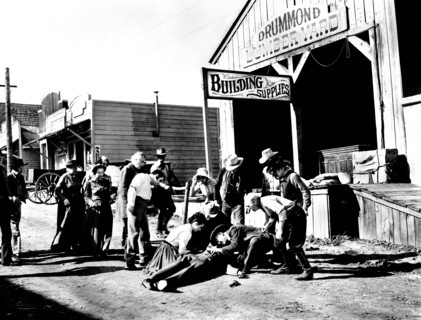 Audrey Dalton, Willard Parker, Dabs Greer, on-set of the Western film, "Lone Texan", 20th