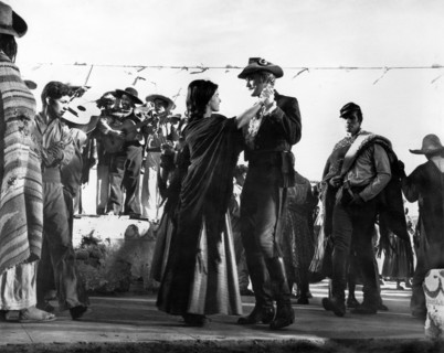 Senta Berger, Richard Harris, Charlton Heston, on-set of the western film, "Major Dundee", Columbia
