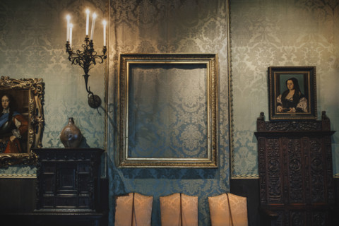 Empty frame of stolen artwork, Lady and Gentleman in Black by Rembrandt, Isabella Stewart Gardner