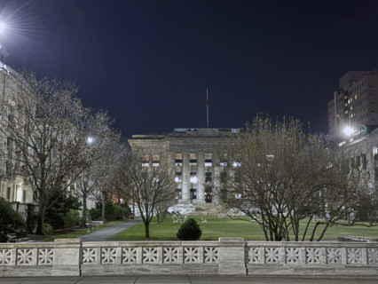 Harvard Medical School, building exterior and quadrangle at night, Boston, Massachusetts, USA