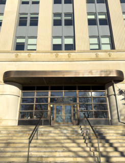 The Morris and Sophie Chang Building, entrance and stairs, Massachusetts Institute of Technology,