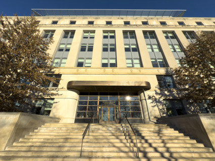 The Morris and Sophie Chang Building, entrance and stairs, low angle view, Massachusetts Institute