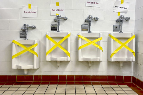 Four out-of-order urinals in public bathroom