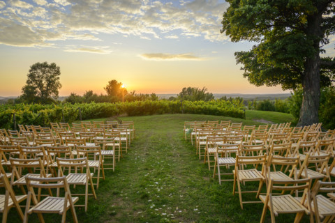 Rows of wood folding chairs set up for outdoor event at sunset