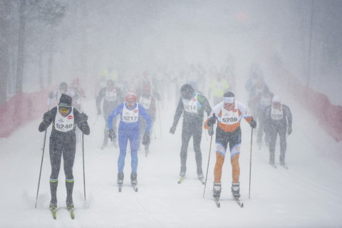 Competitors racing during Nordic skiing segment of North American Vasa Festival of Races, Traverse