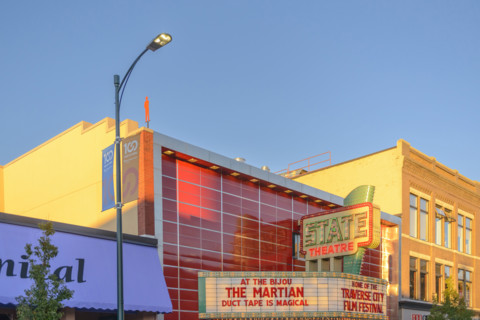 Detail of movie theater and building exteriors, Traverse City, Michigan, USA