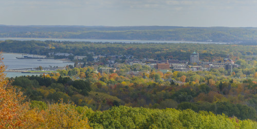High angle autumn view of Traverse City, Michigan, USA from Wayne Hill