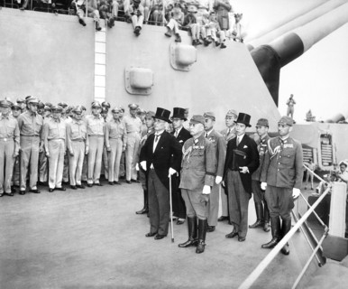 Japanese surrender signatories arrive aboard the USS Missouri to participate in surrender