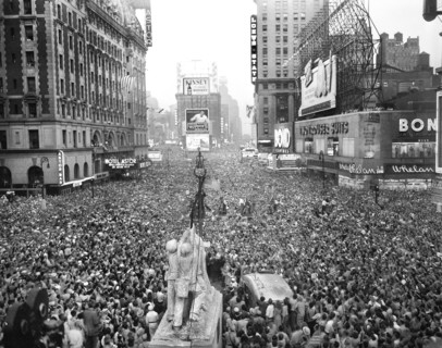 Crowds gather in Times Square to celebrate the surrender of Japan, V-J Day, New York City, New