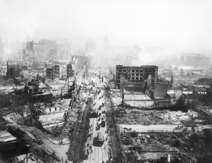 Ruins still smoldering after earthquake, viewed from tower of Union Ferry Building. Market Street