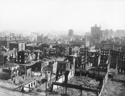 California Street looking north from Battery Street after earthquake; low building on left with