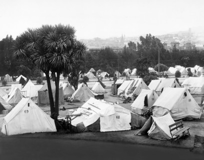 Refugee camp established after earthquake in Jefferson Park in vicinity of Eddy and Gough Streets;