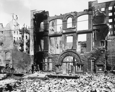 Damaged Olympic Club (with large arch) from earthquake, Post Street near Mason, San Francisco,