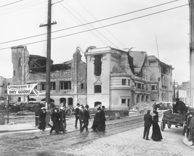Damaged Albert Pike Memorial Masonic Hall and street scene after earthquake, Geary near Fillmore,