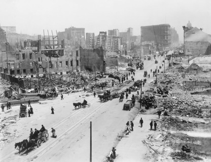 Damaged buildings at Market Street, west of Powell and Fifth Streets, showing area east of Taylor