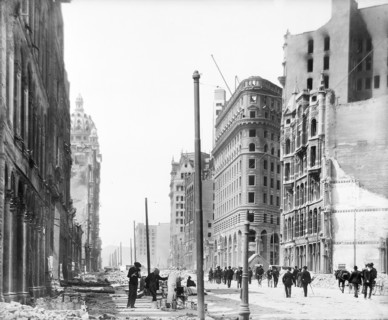 Market Street looking west from Montgomery Avenue after earthquake, San Francisco, California, USA,