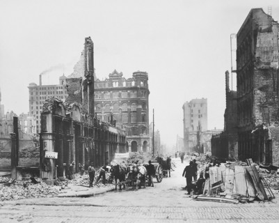 Damaged buildings after earthquake, looking north from junction of Sansome and Bush Streets, also