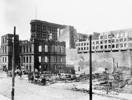 Damaged buildings east side of Fifth Street between Market Street and Mission Street after