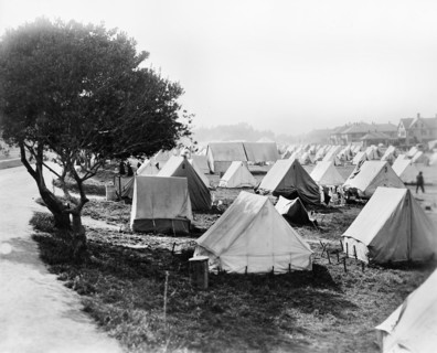 Refugee tents set up after earthquake, area adjacent to and south of Letterman General Hospital,