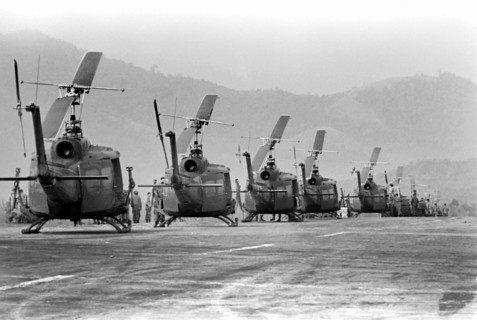 U.S. helicopters of 170th and 189th Helicopter Assault Companies, awaiting the leading of troops at