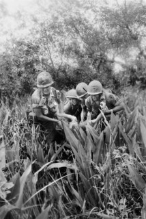 Members of Company B, 4th Battalion, 12th Infantry, 199th infantry Brigade, carrying wounded member
