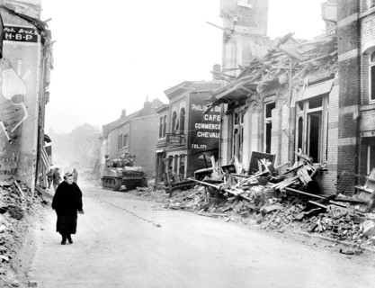 Bomb damage, the result of German ten-day siege of U.S. 101st Airborne Division, Bastogne, Belgium,